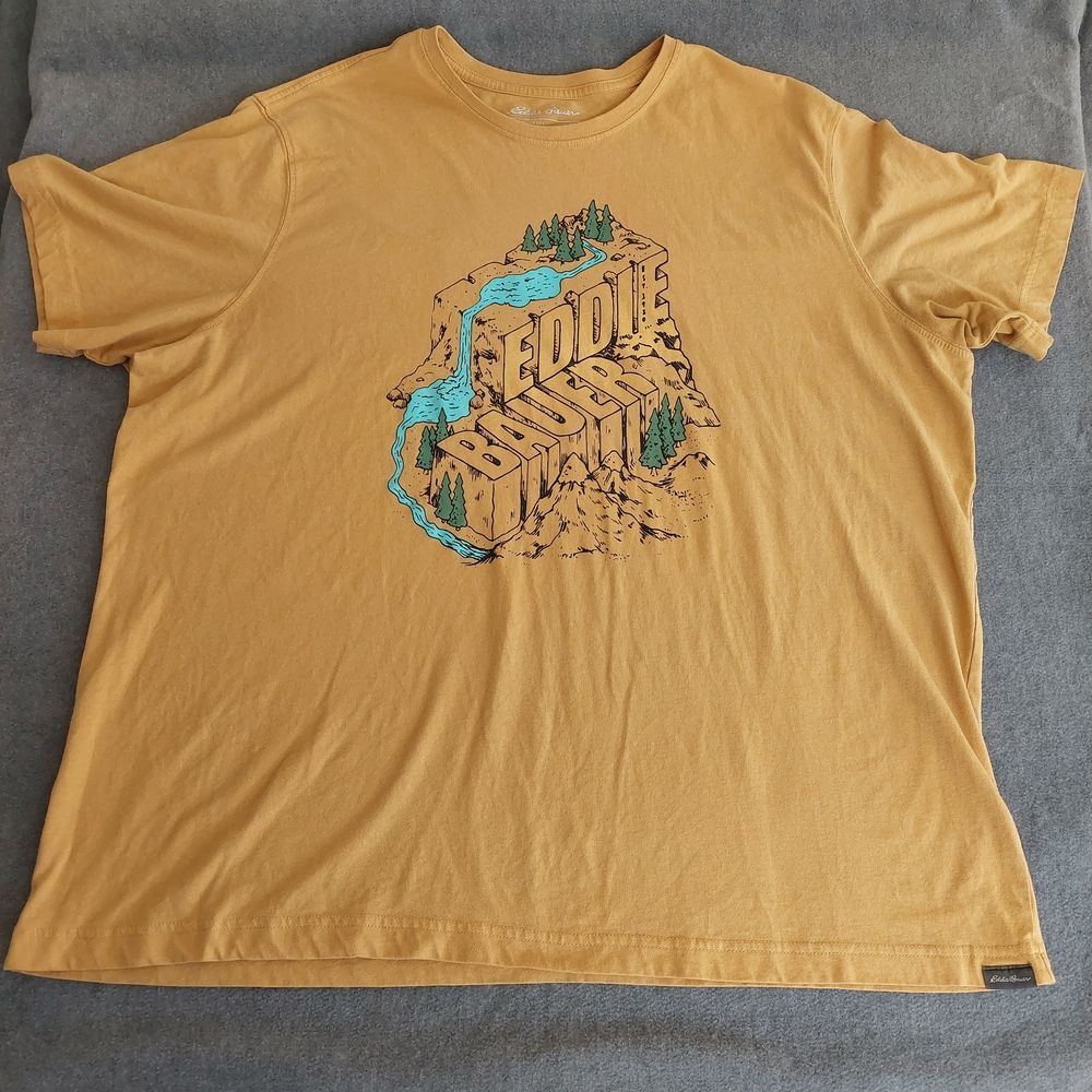 Eddie Bauer Men’s 2XL Graphic T-Shirt – Golden Yellow "Outdoor Adventure" 3D Mou